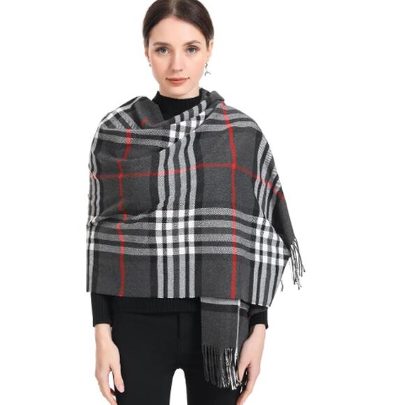 NEW Blanket SCARF Window Pane Plaid Black Red White Fringe Unisex Soft Fleece - Picture 1 of 7